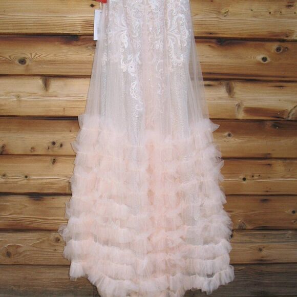 $998 Mac Duggal 11183 Lace Ruffle Tiered Plunge Neck Gown Dress Peach 4 - Picture 9 of 13